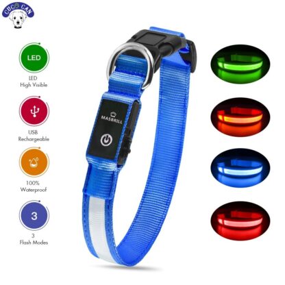 Collar ajustable de Nailon con luz LED Intermitente, carga USB, para mascotas